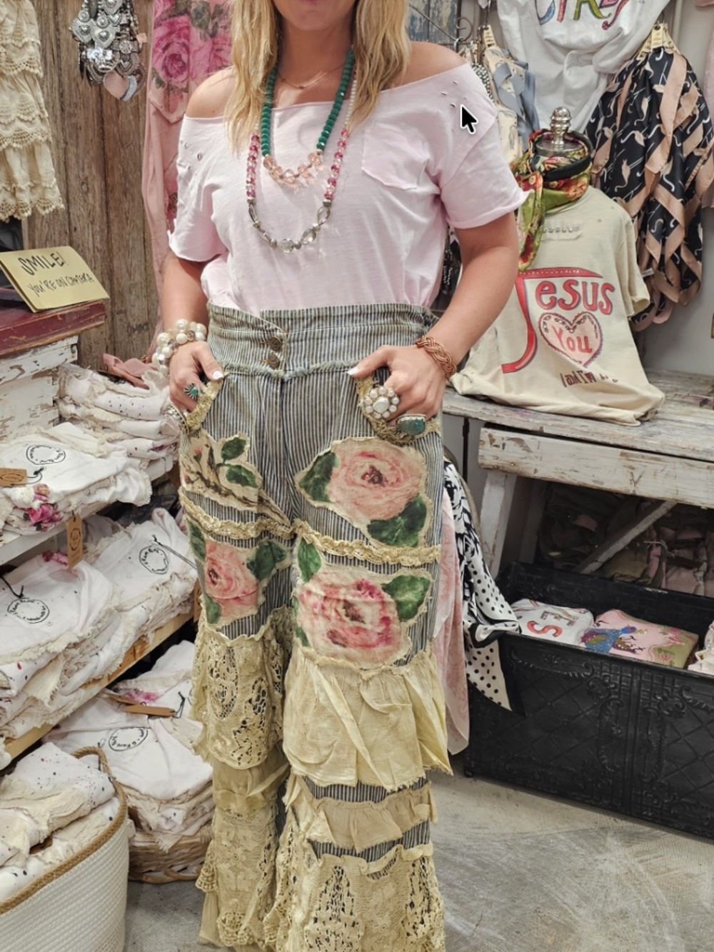 A rare Bird Floral Patchwork ruffle Lace Striped Stretchy Waist Pants - Picture 4 of 4